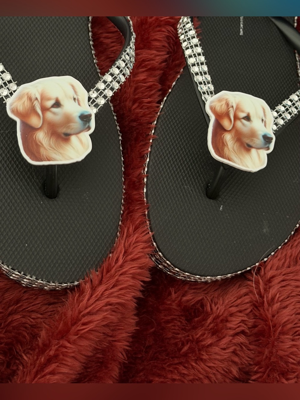 Dog Face Embellished Black Flip Flop Sandals